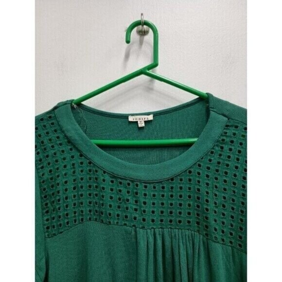 Jodifl Womens BOHO Top Medium Green Eyelet Yoke Tiered Sleeve Ribbed Casual - Picture 2 of 9